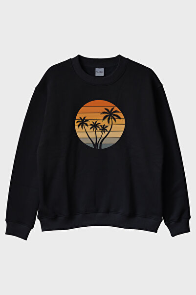 lofux Tropical Sunset Palm Tree Printed Black Crew Neck Sweatshirt