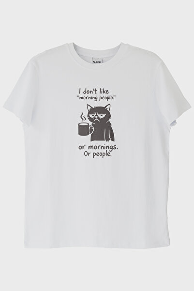 lofux I Don'T Like Morning People Cat White T-Shirt