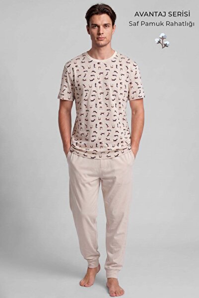 Aytuğ&Mısırlı Egyptian Men's Cotton Animal Patterned Pajama Set Light Beige