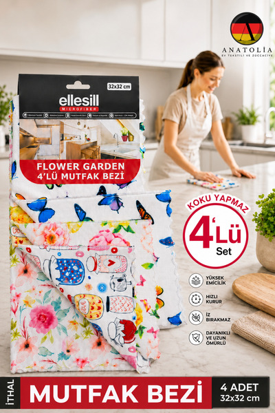 Ellesill 4-Pack Microfiber Kitchen Cleaning Cloth 32X32 cm Odor-Free - Flower...