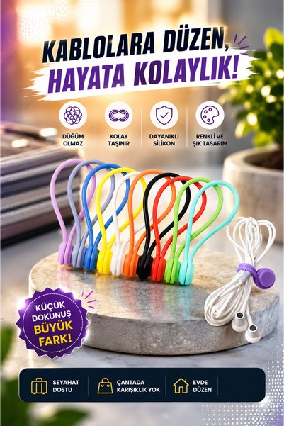 SYN AKSESUAR Silikon Mıknatıslı Kablo Düzenleyici – Şarj Kablosu, Kulaklık ve USB Kablo Toparlayıcı 1 Adet Karışık Renk