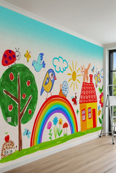 dreamwall Çocuk Çizimi Tarzında Ev, Gökkuşağı, Güneş, Kedi ve Doğa Motifli Te...