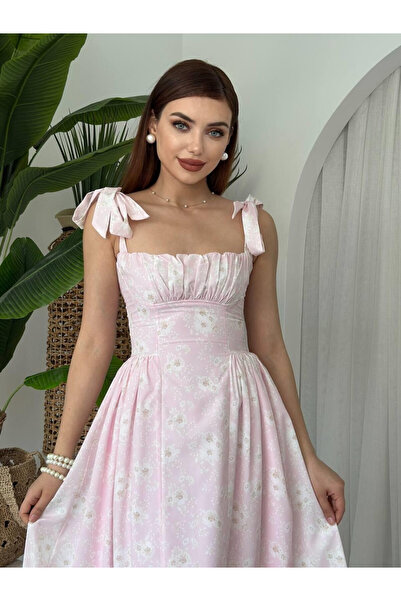 Moda Days فستان نسائي وردي اللون برباط على الكتف وطبعة زهور وياقة مربعة متوسط...