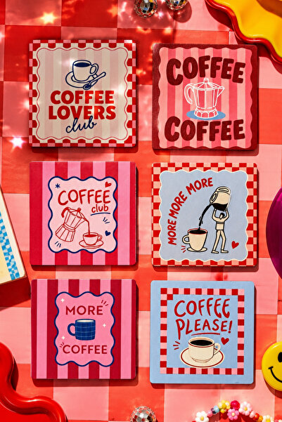 BYC TÜRKİYE Coffee Time Set of 6 Square Coasters, 9 cm Mdf, 3 Mm, Uv Digital ...