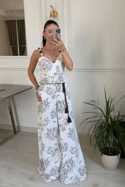 Sena Ceran Butik DESENLİ TAŞ AKSESUARLI BLUZ PANTOLON TAKIM
