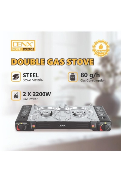 Denx DX2802 Double Gas Stove, Steel Construction, 2 x 2200W Burners, 80 g/h G...