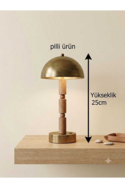 poplinhome Pilli Kablosuz Eskitme Mantar Abajur Ahşap Gövdeli Dekoratif Masa ...