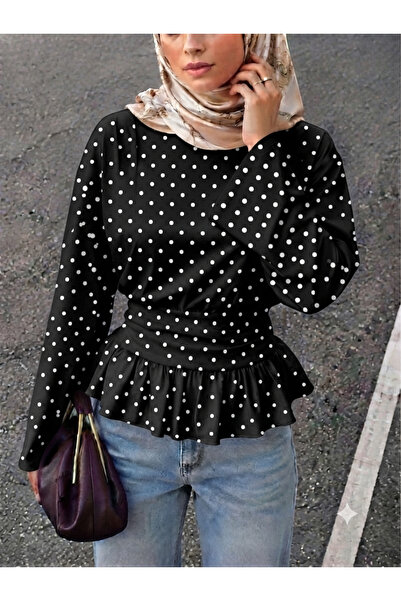 meren like your style bluză neagră cu buline, cu mâneci lungi și largi și tiv...