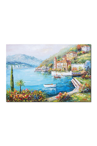 artnova Tablou living peisaj gigant lacul Como pictat manual, Colt de rai, 12...