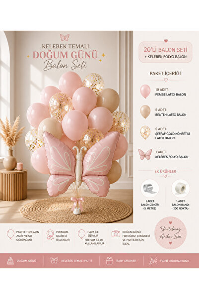 Öztürkpartievi Butterfly Themed Birthday Balloon Set 20-Piece Pink Beige Gold...