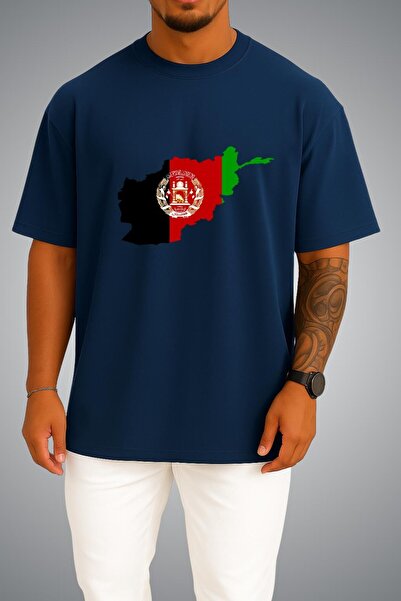 Bahriyeli Collection Oversize Afghanistan Flag and Map Chest Printed Unisex T...