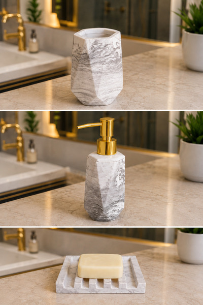 lufen deco طقم حمام من 4 قطع من الخرسانة ذات النمط الرخامي، موزع صابون سائل صلب، حامل فرشاة أسنان، صينية عرض، إكسسوارات الحمام