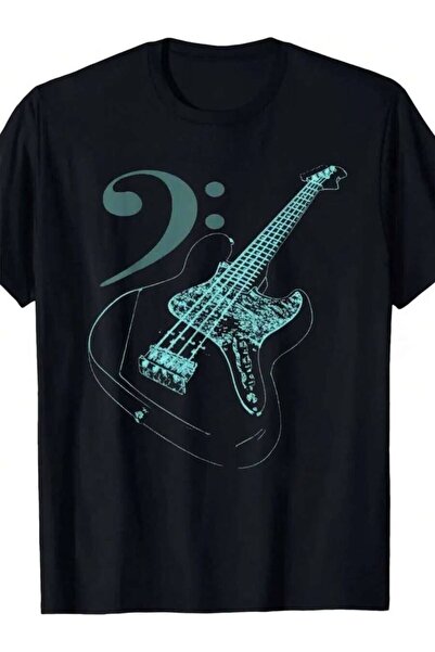 k222 Men's Black Guitar-Shirt - Features Turquoise Note Pattern, Casual Round...