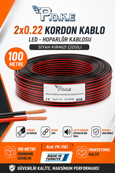Poke 100 Metre 2x0.22 Kordon Kablo Led - Hoparlör Kablosu Siyah Kırmızı Çizgi...