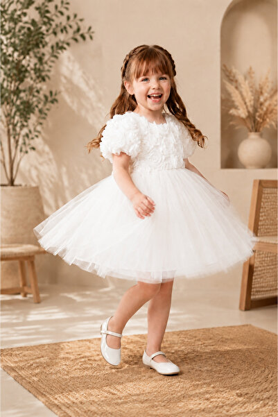 miço kids Girl's 3D Rose Detailed Tulle Evening Dress with Tulle Bow on the Back