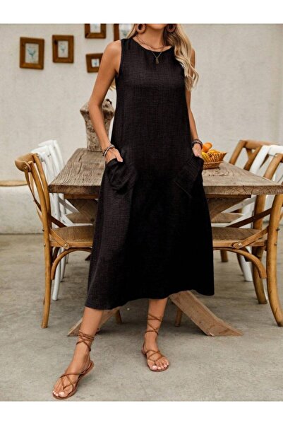 Generic Brand Women's Strappy Round Neck Long Dress with Kiloş Pockets
