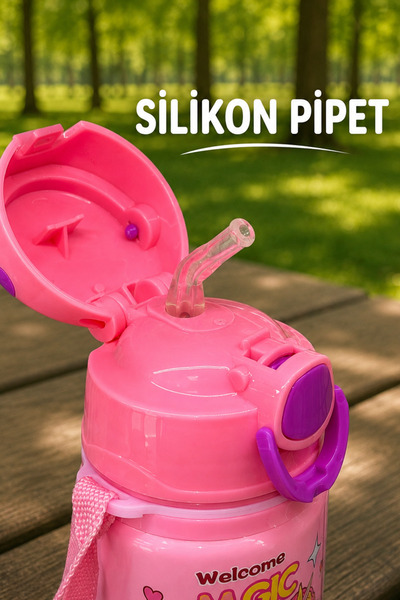 M&B WATER BOTTLE Metal Unicorn Motifli Pipetli Çocuk Matarası - 600 ML Kilitli Kapaklı Askılı Suluk