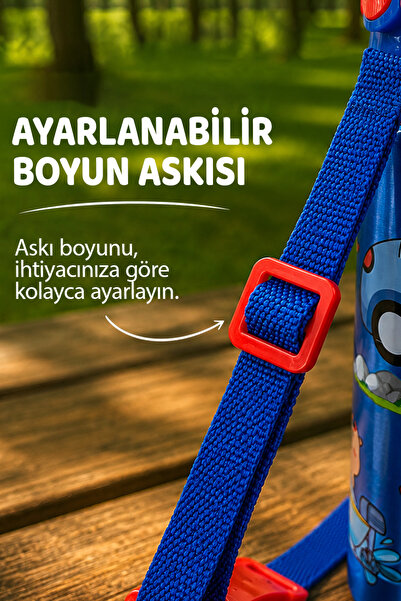 M&B WATER BOTTLE Metal Kapibara Motifli Pipetli Çocuk Matarası - 600 ML Kilitli Kapaklı Askılı Suluk