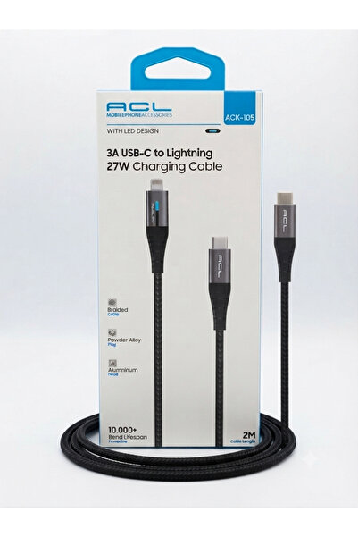 ACL Aura Akse 3A USB-C to Lightning 27W Örgülü LED Tasarımlı 2M Hızlı Şarj ve...