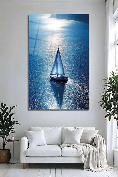 Parıltı Yayınları Pictură pe sticlă cu barcă cu pânze și marină, imprimare UV...