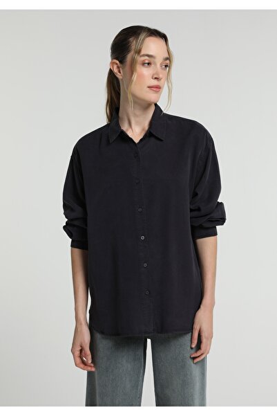 Colin's Boyfriend Fit Shirt Neck Plain Women's Navy Blue Long Sleeve Shirt