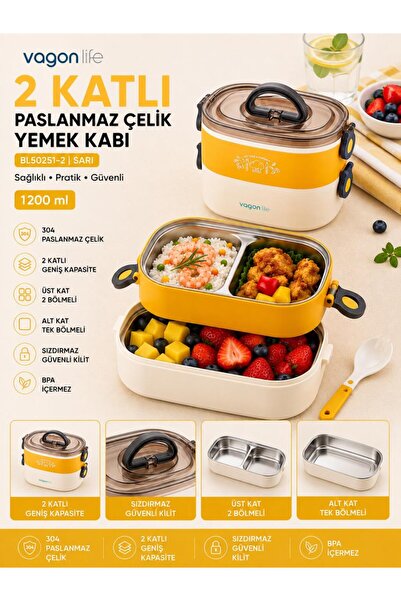 Vagonlife Bl50251-2 Yellow 1200 ml 2-Tier 3-Compartment Stainless Steel Lunch...