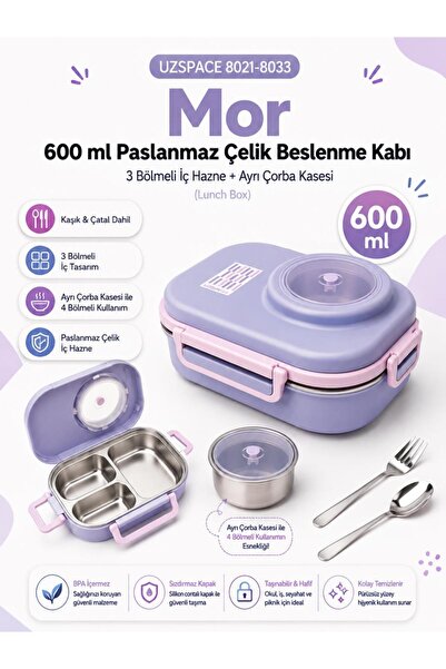 Uzspace 8021-8033 Mor 600 ml 4 Bölmeli Paslanmaz Çelik Beslenme Kabı (Lunch Box)