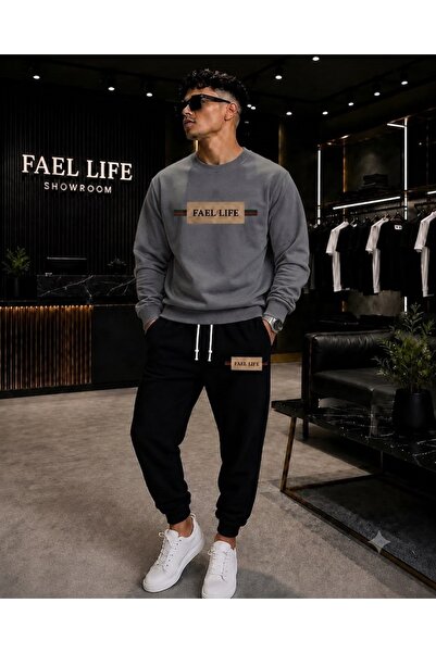 FAEL LİFE Unisex Wide Cut Zero Neck and Sweatpants Striped Printed Set