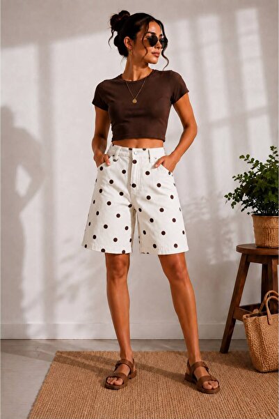 Darkly Jeans Benekli Yüksek Bel Denim Bermuda Şort