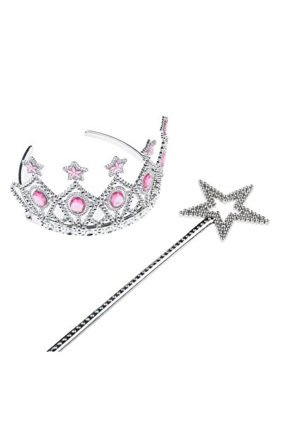 BAMI NETWORK Set Tiara si Bagheta Argintie cu Pietre Roz pentru Fete