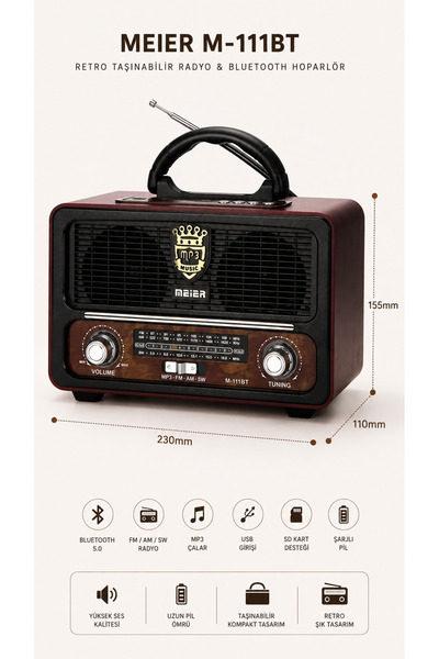 ULTRATEKNO M-111BT Nostaljik Ahşap Retro Fm Radyo Usb TF Kart Bluetooth FM/AM/SW Radyo