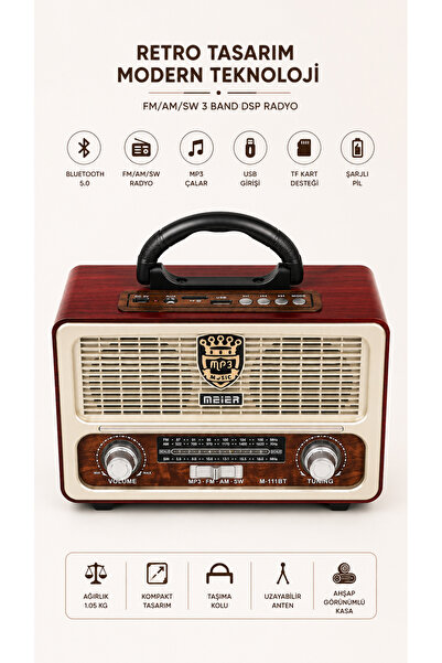 ULTRATEKNO M-111BT Nostaljik Ahşap Retro Fm Radyo Usb TF Kart Bluetooth FM/AM/SW Radyo