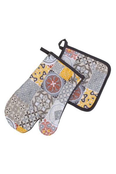 BAMI NETWORK Set manusa si servet bucatarie model tiles bumbac bej antracit