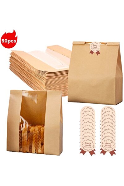 STARSTAR 50-Pack Brown Kraft Paper Bread Bags with Window and Stickers, 21x10...