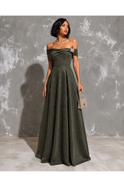 Modafeminen Strapless Collar Stone Detailed Slit Glitter Crepe Dress Khaki 58...