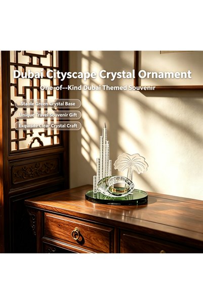 ARIANA UAE Dubai Skyline Clear Crystal Figurine Ornament with Green Round Base. Great travel souvenir & elegant home, office, bookshelf & desk decor.