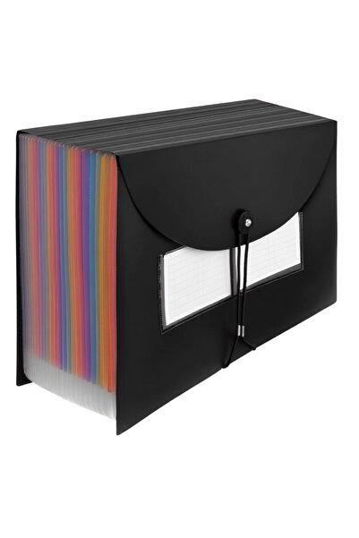 varioshop Organizator de documente A4 VarioShop ® tip acordeon, 24 compartimente, etichete organizatoare, închidere elastică, material PP impermeabil, 24,5 x 33 x 4-14 cm, negru