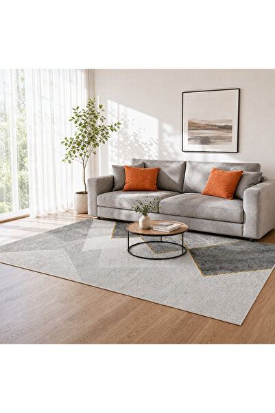 HI-FINE Grey‑White Gold Line Geometric Rug,Non‑Slip Wear‑Resistant Living Roo...