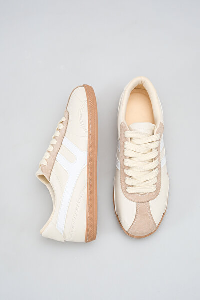 Bak Store Beige Women's Sports Shoes Retro Sneaker with Stitched Sole