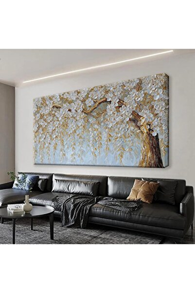 ALAYRA International Large Wall Art White Blossom Tree Canvas Decor Wrap Framed (60x120 cm)