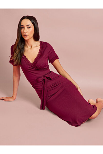 Styli Burgundy Rib Wrap Over Lace Detail Nightdress