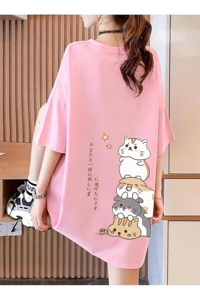 Oksit Harajuku Japanese Written Cat Design Unisex Oversize T-Shirt