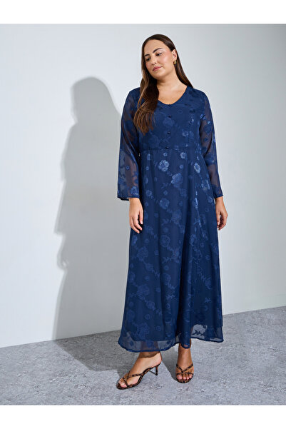 Styli Plus Size Nave Blue Floral Embroidery Jacquard A-Line Maxi Dress
