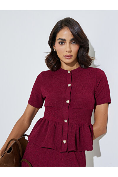 Styli Burgundy Textured Fitted Peplum Top