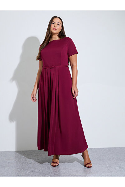 Styli Plus Size Burgundy Belted A-Line Maxi Dress