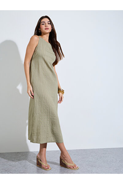 Styli Green Striped Sleeveless A-Line Midi Dress