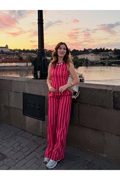 path-y homewear&sportwear Kadın Çizgili Bluz Pantolon Takım Fuşya Bordo Kolsu...