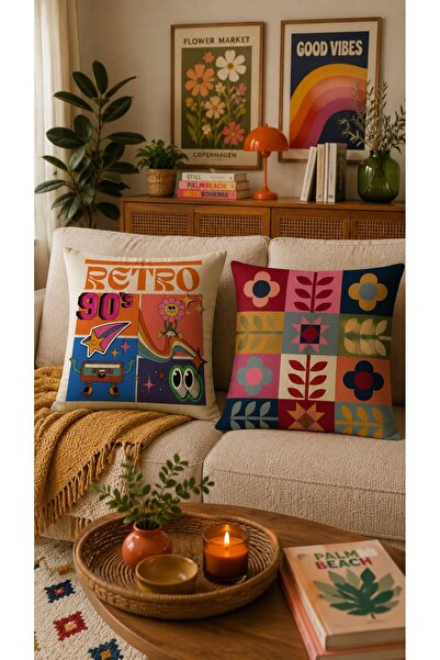 Sakallı 2’li Retro 90’s & Geometrik Çiçek Desenli Dijital Baskılı Dekoratif K...
