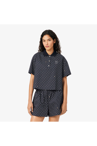 Lacoste Kadın Oversize Fit Desenli Lacivert Polo