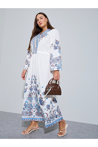 Styli Plus Size White Placement Print A-Line Maxi Dress